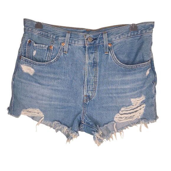 Levi's 501 Button Front Raw Hem Ripped Denim Jean Shorts Upcycled Size 30 - Picture 1 of 9